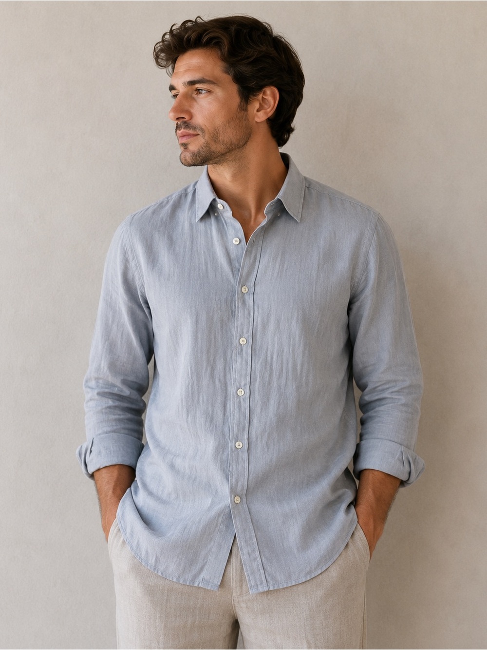 United Colors Of Benetton Men's Light Blue Linen Button-Down Shirt. BB28